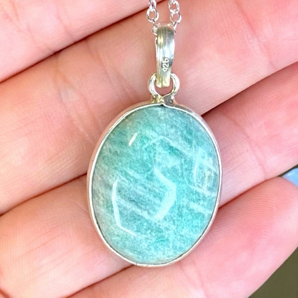 Genuine Sterling Silver and Amazonite pendant necklace Aqua Blue - Picture 4 of 4